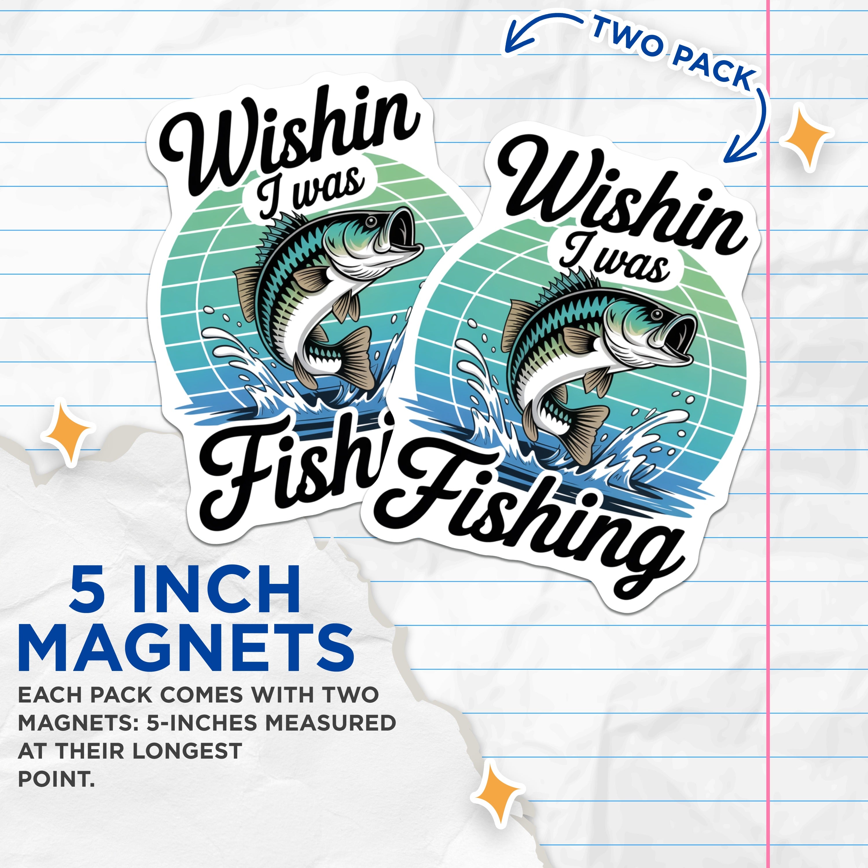 (2 Pack) Wishin I was Fishing Magnets - Funny Fisherman Saying - Bass Angler Cabin Decor - 5 Inches On Longest Side - Thick Durable Magnet - Made in USA - MAG39713