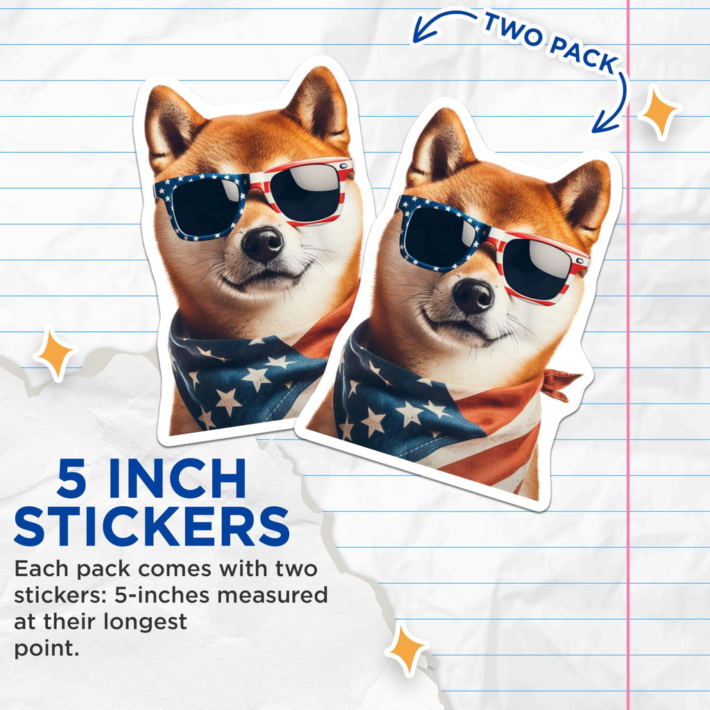 (2 Pack) Shiba Inu Stickers - Patriotic Dog Stickers - American Flag Bandana - 5" On Longest Side - Sticks to Smooth Flat Surfaces - Made in USA - BMCS15175