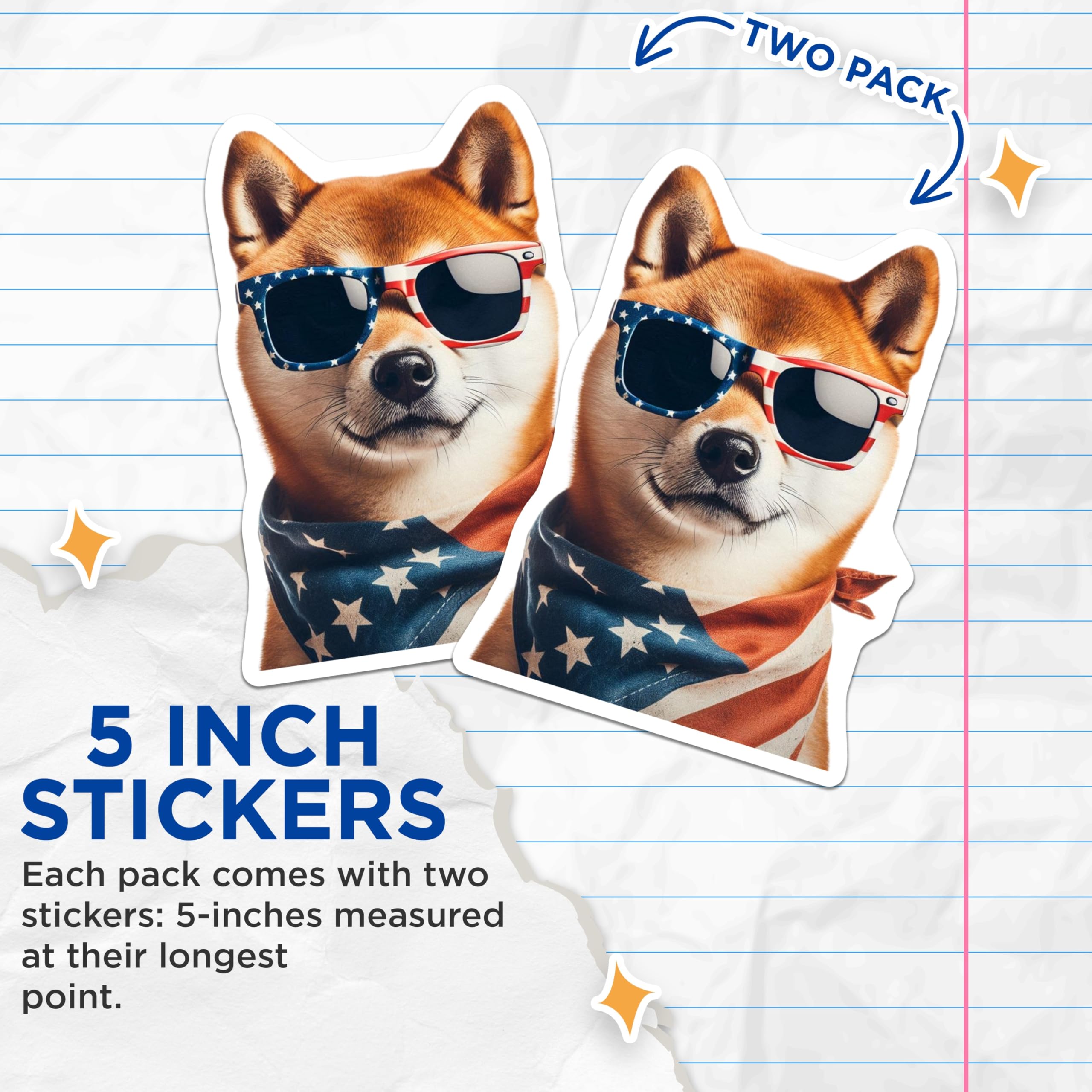 (2 Pack) Shiba Inu Stickers - Patriotic Dog Stickers - American Flag Bandana - 5" On Longest Side - Sticks to Smooth Flat Surfaces - Made in USA - BMCS15175