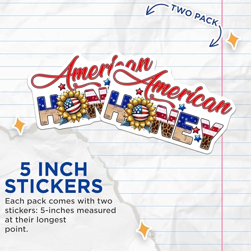 (2 Pack) American Honey Stickers - Patriotic - Sunflower - 5" On Longest Side - Sticks to Smooth Flat Surfaces - Made in USA - BMCS7867