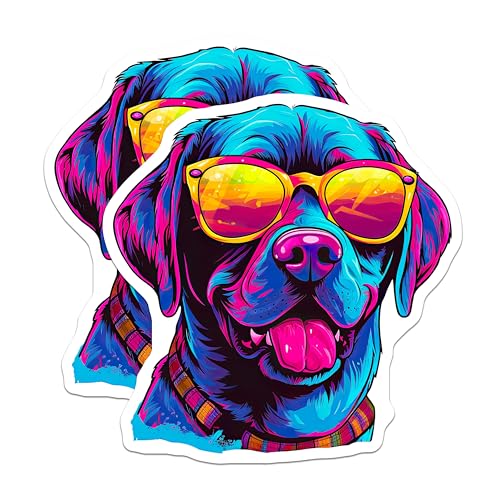 (2 Pack) Cool Dog Stickers - Neon Dog Art - Colorful Sunglasses Dog - 5" On Longest Side - Sticks to Smooth Flat Surfaces - Made in USA - BMCS7240