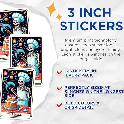 (3 Pack) Baker Skeleton Decals - Tarot Card Stickers - Celestial Chef Stickers - 3 Inches On Longest Side - Easy Peel & Apply - Made in USA - 3MCS4119