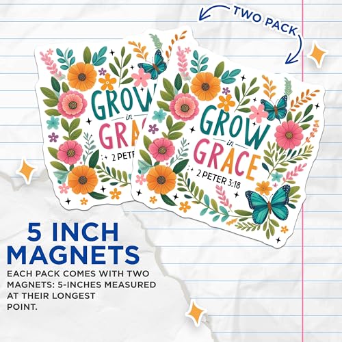 (2 Pack) Grow in Grace Design Magnet - Floral Butterfly Decor - Christian Faith Kitchen Decoration - 5" On Longest Side - Sticks to Smooth Flat Surfaces - Made in USA - MAG10077