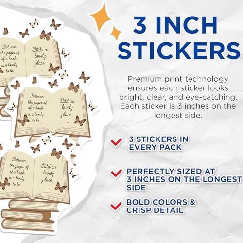 (3 Pack) Butterfly Book Decals - Book Lover Decals - Literary Quote Decal- 3 Inches On Longest Side - Easy Peel & Apply - Made in USA - 3MCS5304