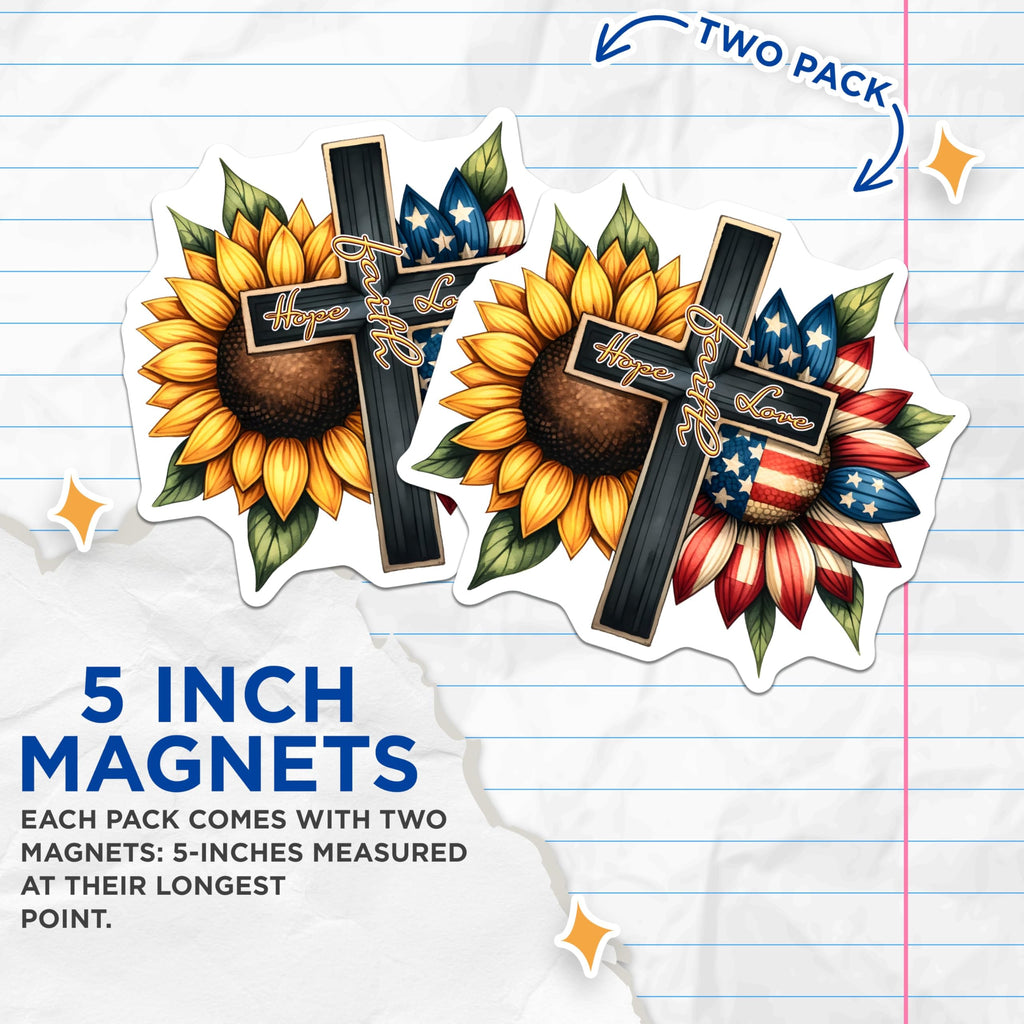 (2 Pack) Faith Hope Love Magnets - Sunflower and American Flag - Inspirational Decor - Floral and Patriotic Design - 5" On Longest Side - for Cars, Fridges, Toolboxes - Made in USA - MAG7990