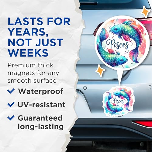(2 Pack) Pisces Magnets - Zodiac Sign Decor - Astrology Art - Horoscope Magnets - Fish Theme Magnets - Celestial Decor - 5" On Longest Side - for Cars, Fridges, Toolboxes - Made in USA - MAG7025