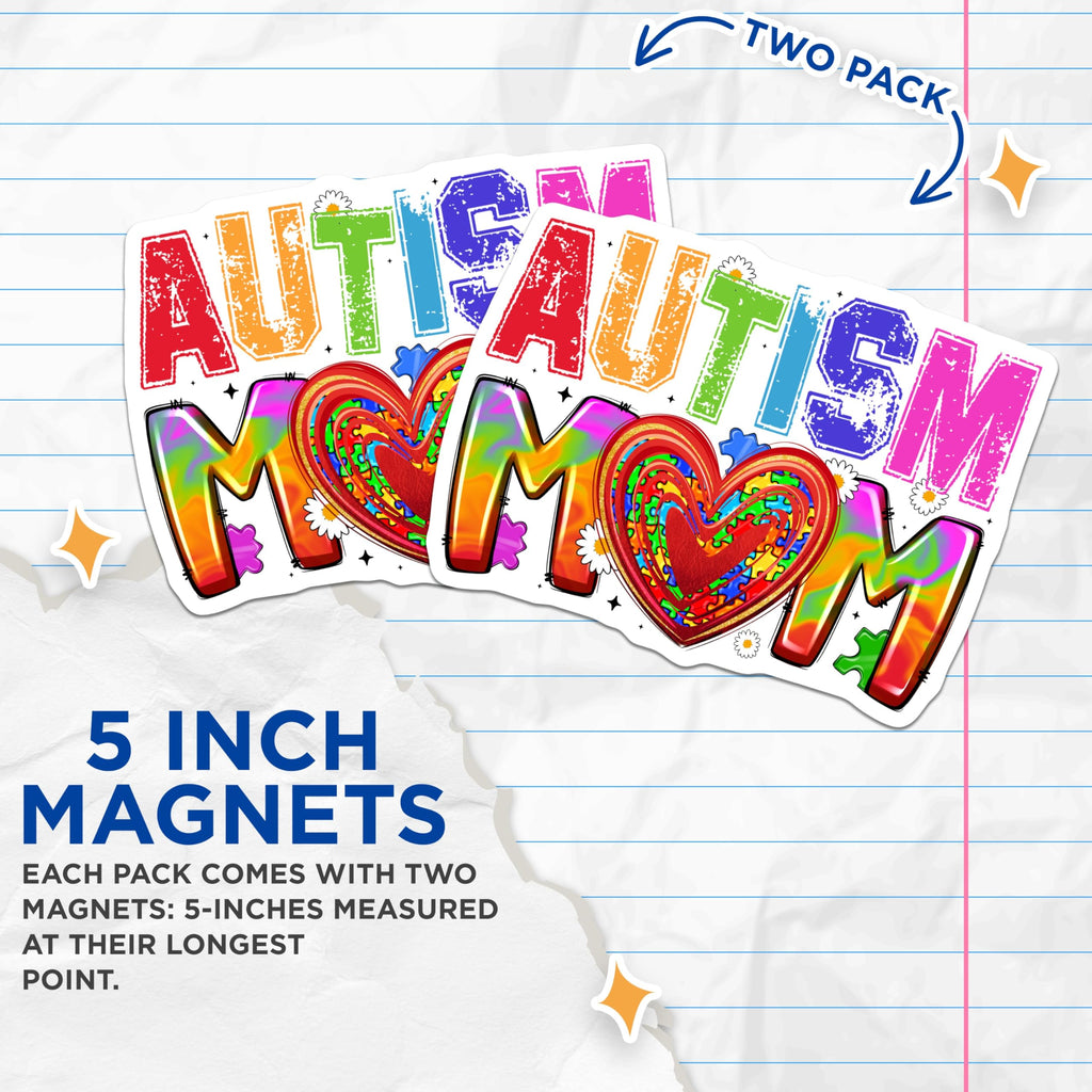 (2 Pack) Autism Mom Magnets - Neurodiversity Acceptance - Puzzle Piece Heart - Supportive Caregiver - 5 Inches On Longest Side - Thick Durable Magnet - Made in USA - MAG28994