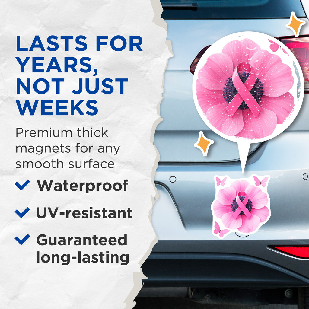 (2 Pack) Breast Cancer Awareness Magnets - Pink Ribbon Flower - Butterfly Survivor Support Decor - 5 Inches On Longest Side - Thick Durable Magnet - Made in USA - MAG36961