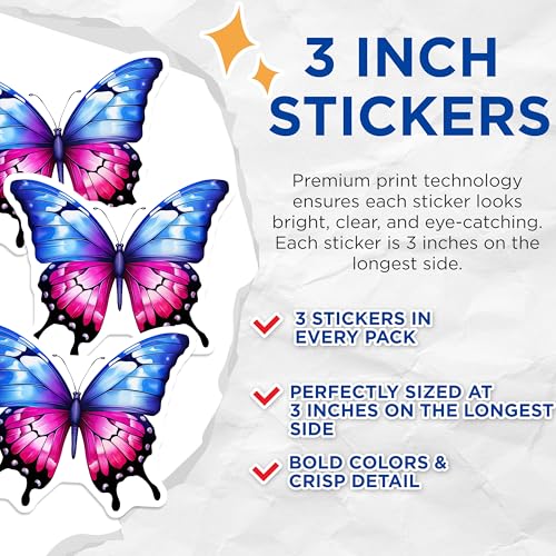 (3 Pack) Butterfly Decals - Blue Pink Butterfly - Laptop Decals- 3 Inches On Longest Side - Easy Peel & Apply - Made in USA - 3MCS5845