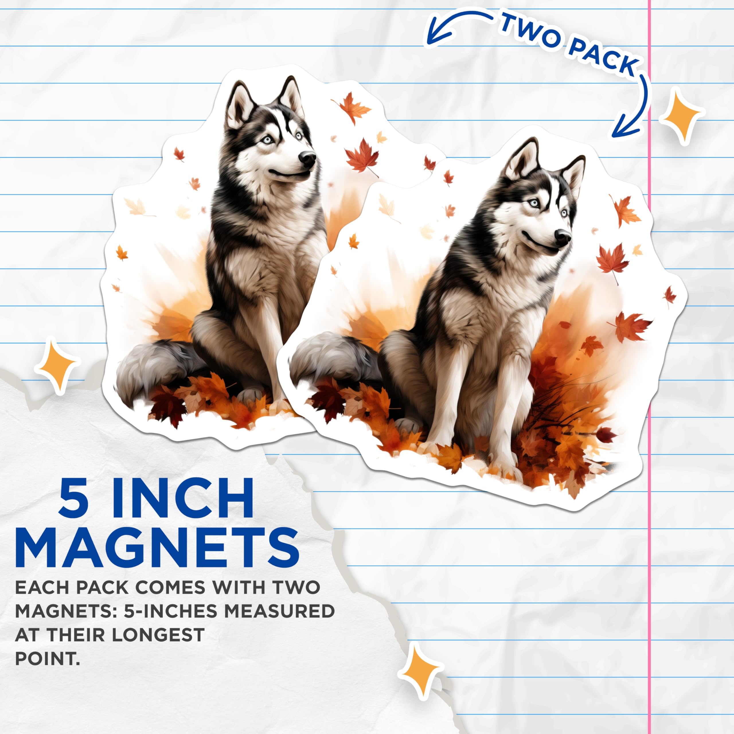 (2 Pack) Siberian Husky Magnets - Fall Autumn Dog Decor - Pet Lover Refrigerator Magnets - Animal Lover Kitchen Locker - 5 Inches On Longest Side - Thick Durable Magnet - Made in USA - MAG28356