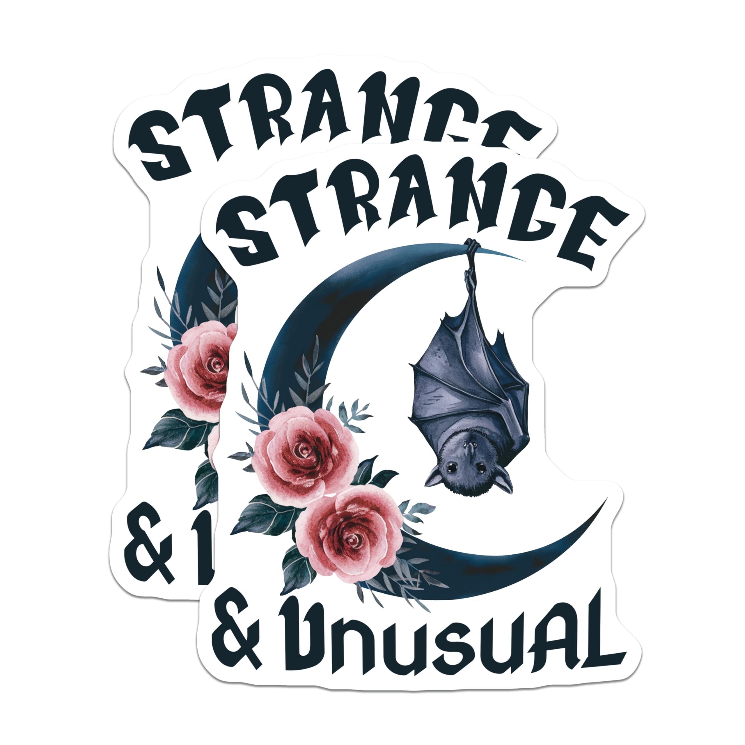 (2 Pack) Strange and Unusual Stickers - Hanging Bat - Floral Crescent Moon - 5" On Longest Side - Sticks to Smooth Flat Surfaces - Made in USA - BMCS18259
