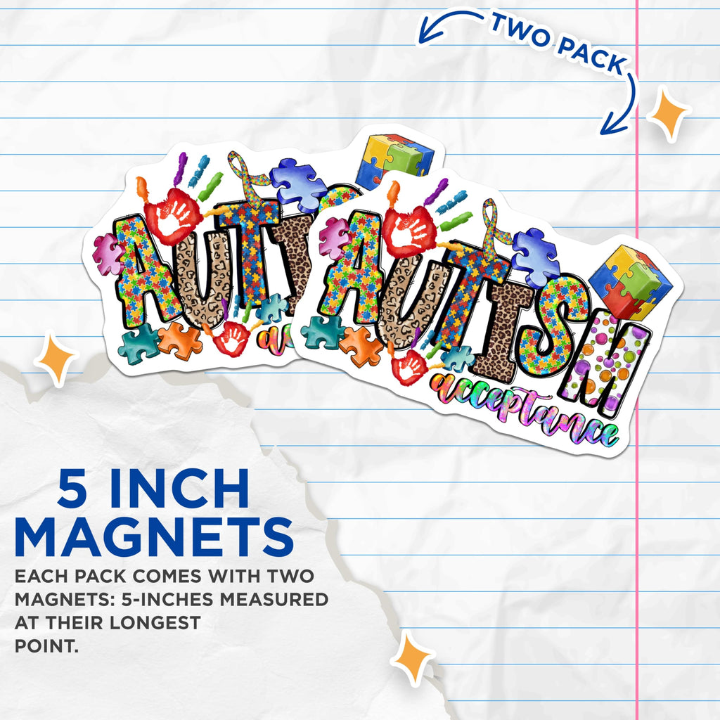 (2 Pack) Autism Acceptance Magnets - Neurodiversity Support - Puzzle Piece Awareness - 5 Inches On Longest Side - Thick Durable Magnet - Made in USA - MAG29945