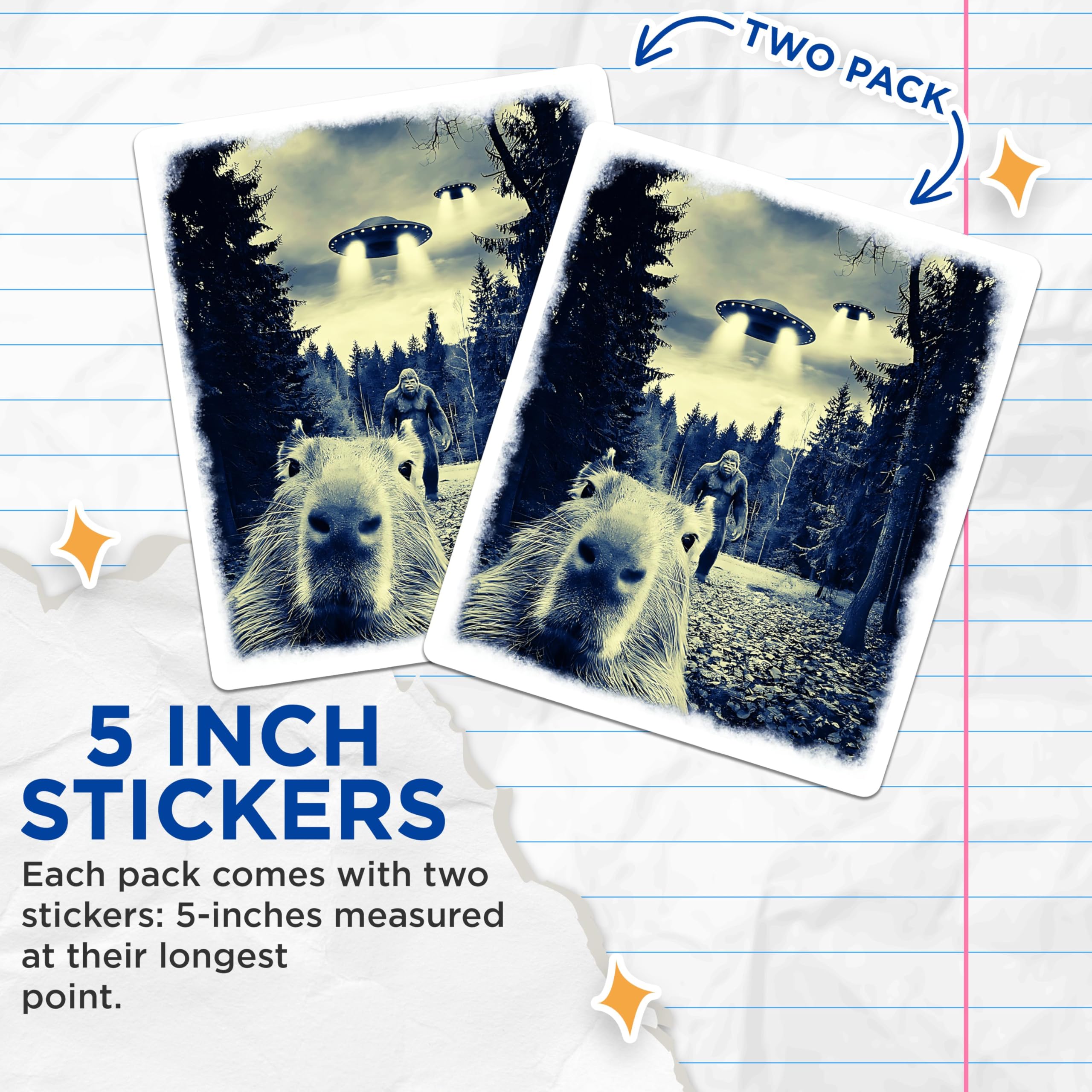 (2 Pack) Capybara UFO Stickers - Bigfoot Alien Encounter Stickers - Funny Cryptid Stickers - 5" On Longest Side - Sticks to Any Smooth Flat Surface - Made in USA - BMCS3375