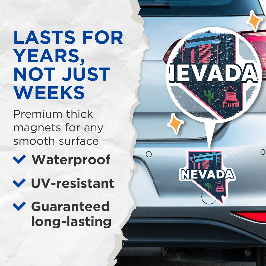 (2 Pack) Nevada State Magnets - Las Vegas Landmark Art - Desert Cactus Souvenir - 5 Inches On Longest Side - Thick Durable Magnet - Made in USA - MAG22869