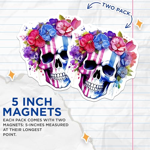 (2 Pack) Skull Flower Magnets - Unique Floral Skull Magnets - Colorful Skull Art Magnets for Fridge - 5" On Longest Side - for Cars, Fridges, Toolboxes - Made in USA - MAG7128
