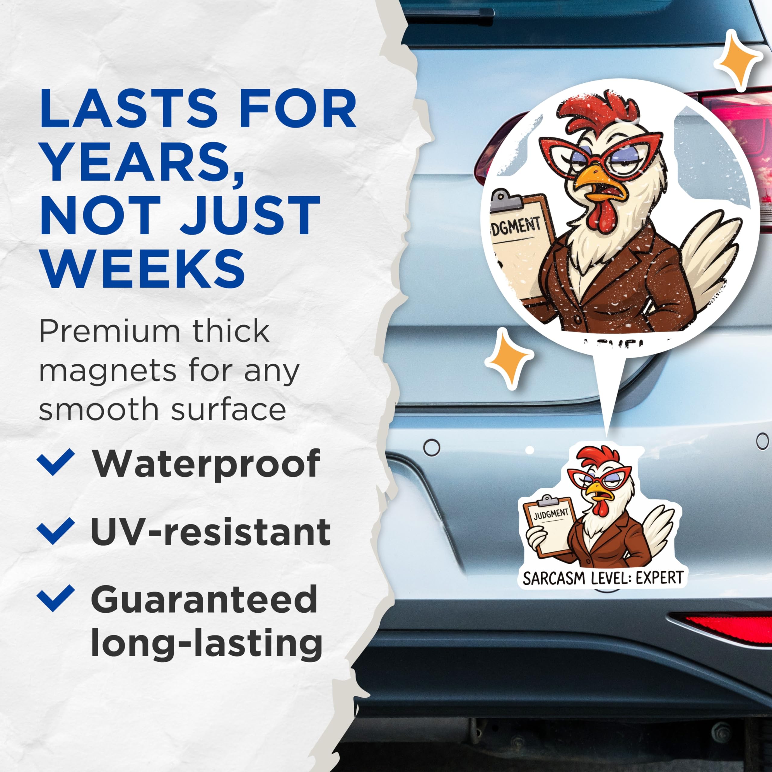 (2 Pack) Sarcastic Chicken Magnets - Judgment Expert Hen Refrigerator Decor - Funny Office Humor Accents - 5 Inches On Longest Side - Thick Durable Magnet - Made in USA - MAG20643