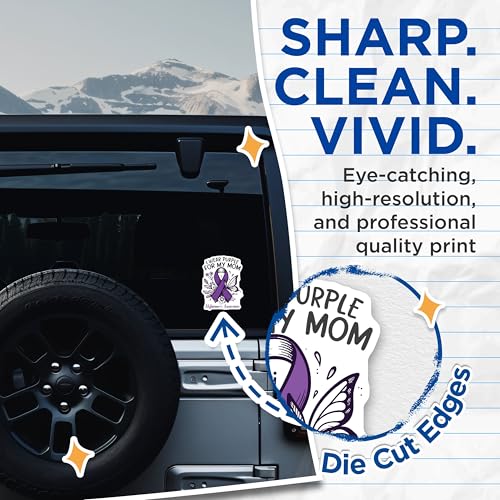 (2 Pack) AlzheimerÃ¢â‚¬â„¢s Awareness Stickers - Purple Ribbon Stickers - I Wear Purple for My Mom Stickers - 5" On Longest Side - Sticks to Smooth Flat Surfaces - Made in USA - BMCS5964