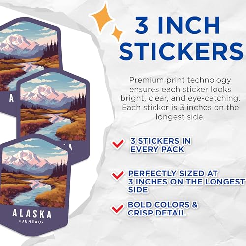 (3 Pack) Alaska Decals - Mountain River Art - Juneau Laptop Decal - 3 Inches On Longest Side - Easy Peel & Apply - Made in USA - 3MCS0343