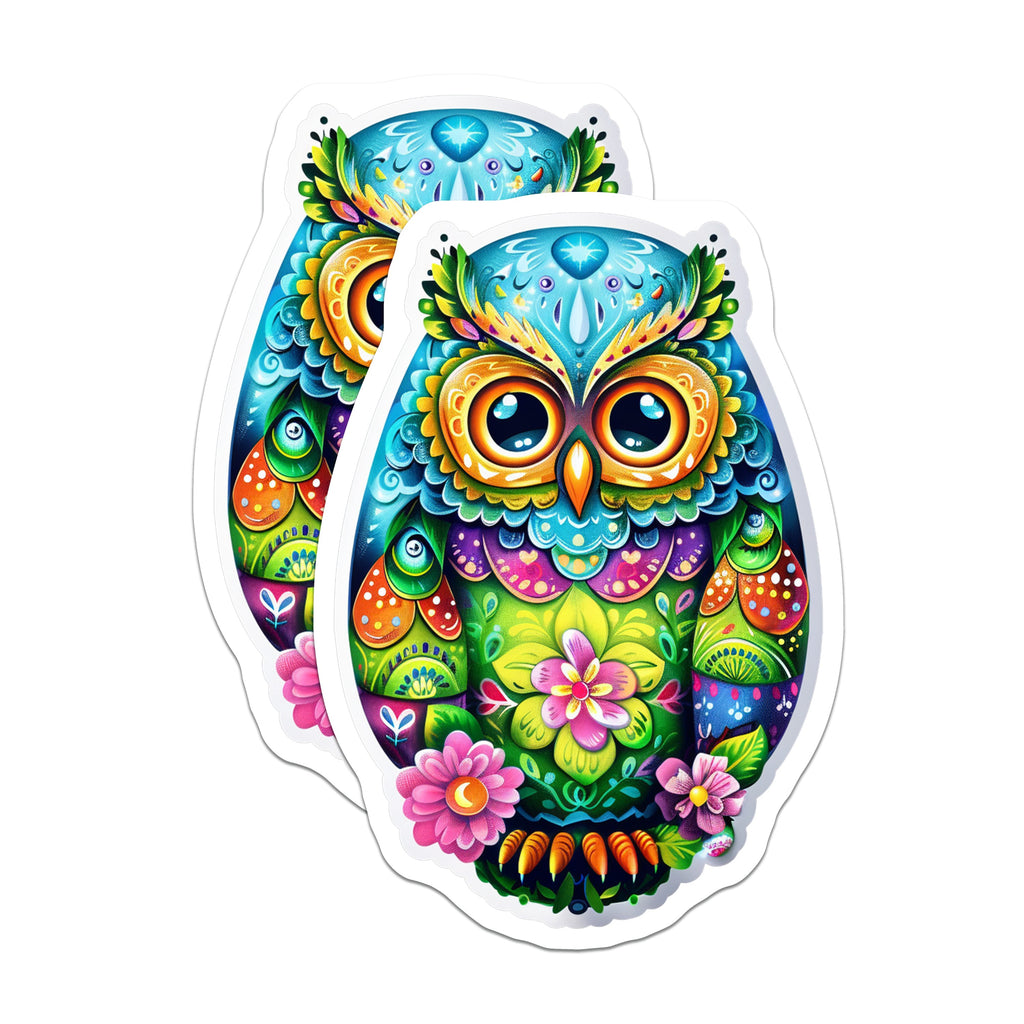 (2 Pack) Vibrant Folk Art Owl Magnets - Bohemian Kitchen Decor - Whimsical Spiritual Animal Refrigerator Magnet Set - 5 Inches On Longest Side - Thick Durable Magnet - Made in USA - MAG38709