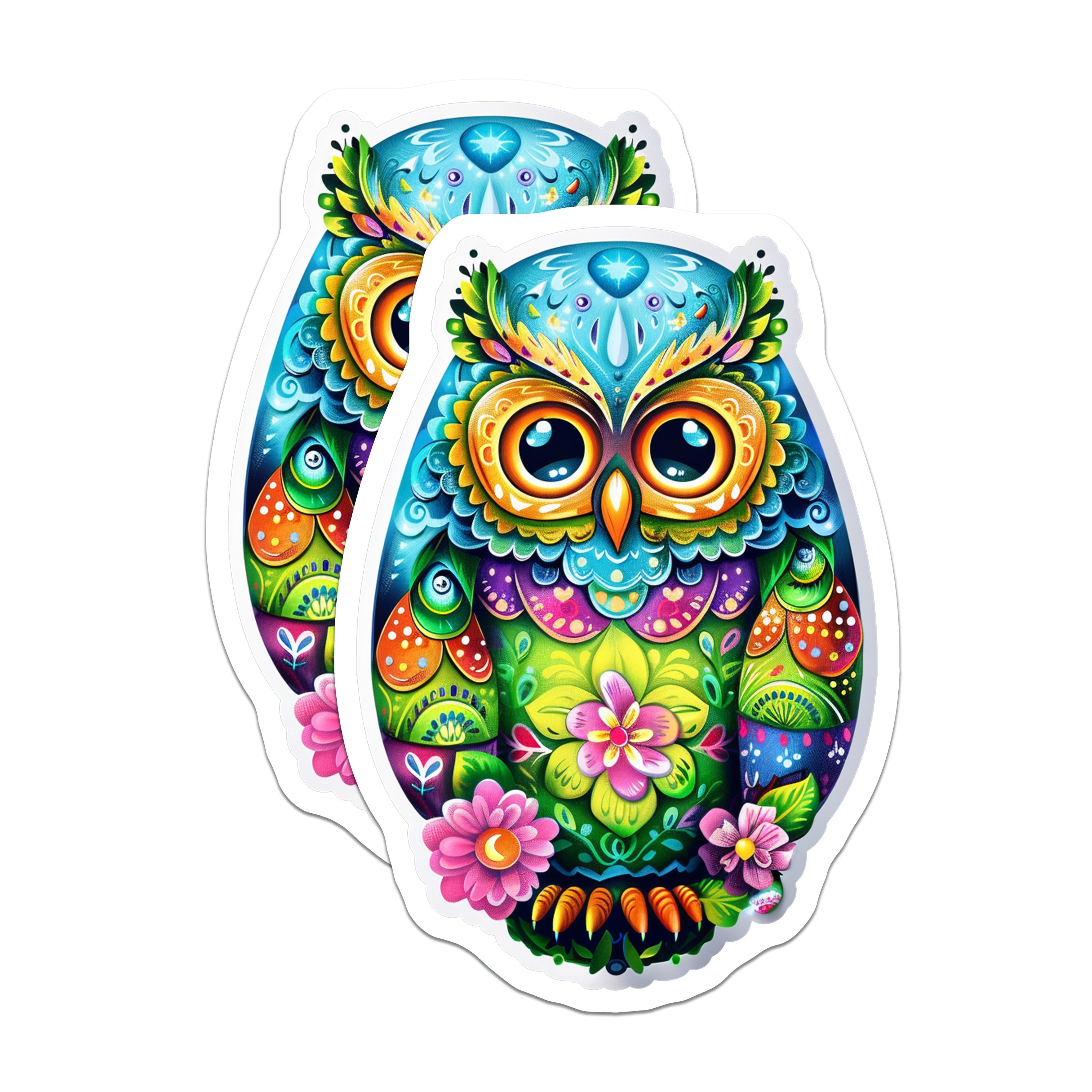 (2 Pack) Vibrant Folk Art Owl Magnets - Bohemian Kitchen Decor - Whimsical Spiritual Animal Refrigerator Magnet Set - 5 Inches On Longest Side - Thick Durable Magnet - Made in USA - MAG38709