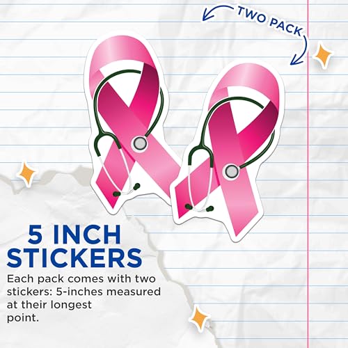 (2 Pack) Breast Cancer Awareness Stickers - Nurse Stethoscope Pink Ribbon Decal - Support Ribbon Vinyl Stickers - 5" On Longest Side - Sticks to Smooth Flat Surfaces - Made in USA - BMCS4788