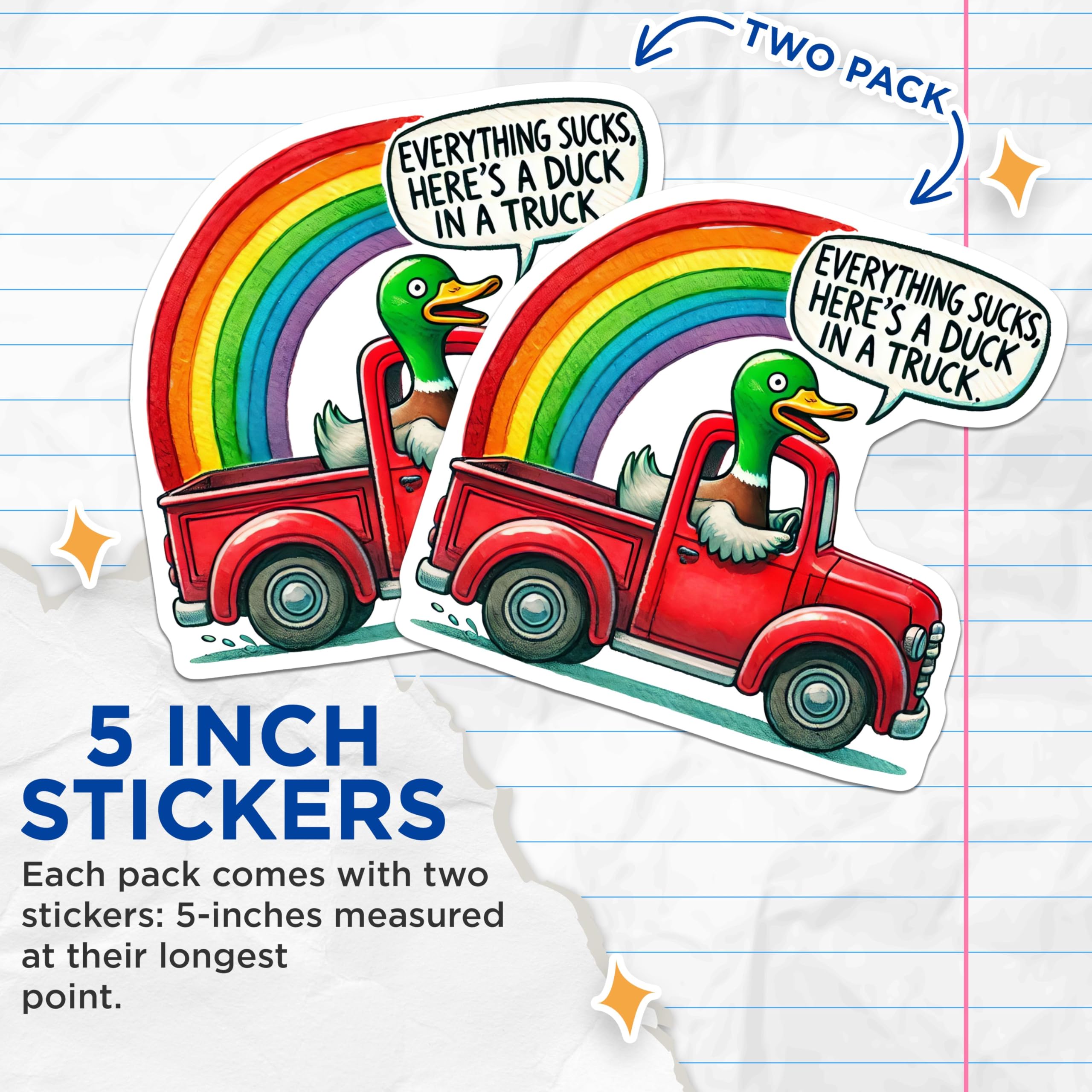 (2 Pack) Funny Duck in a Truck Stickers - Rainbow Humor - Fun Trucking Decal - 5" On Longest Side - Sticks to Smooth Flat Surfaces - Made in USA - BMCS5874