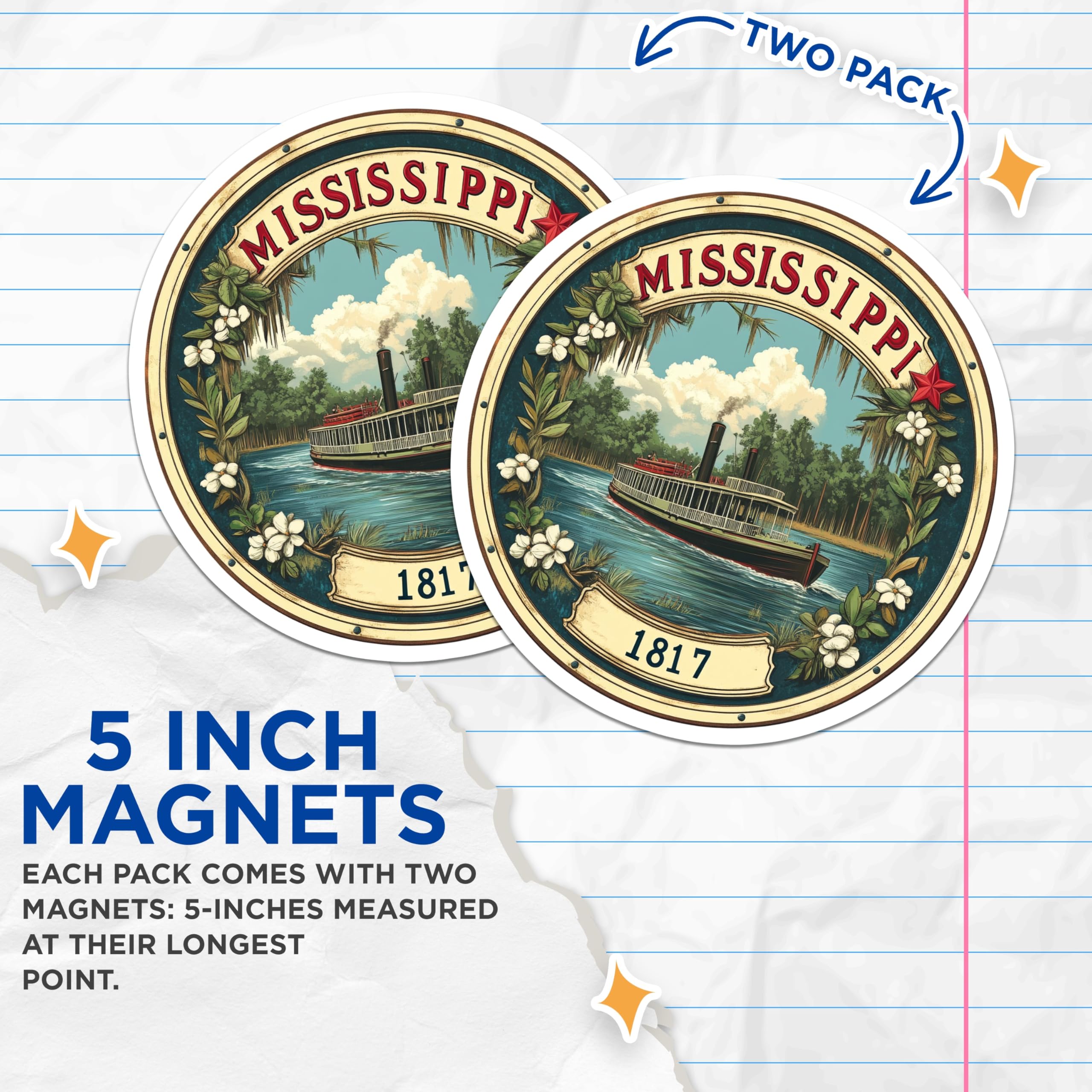 (2 Pack) Mississippi Magnets - Steamboat Decor - State Pride Fridge Magnets - 5" On Longest Side - Premium Magnet - for Cars, Refrigerators, Toolboxes, Lockers - Made in USA - MAG15679