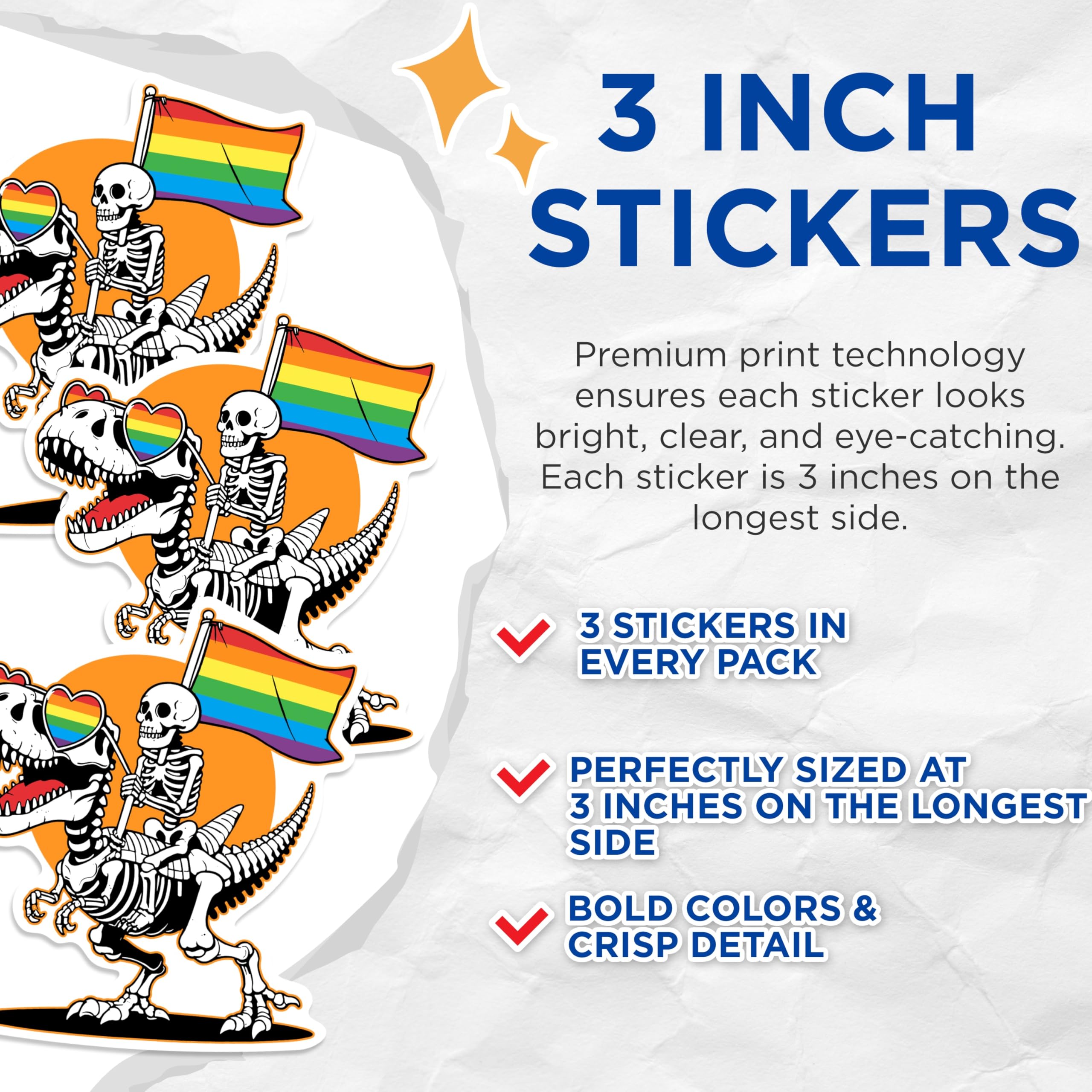 (3 Pack) Pride Dinosaur Decals - Skeleton Rider - LGBTQ Rainbow Flag Decals - 3 Inches On Longest Side - Easy Peel & Apply - Made in USA - 3MCS0570