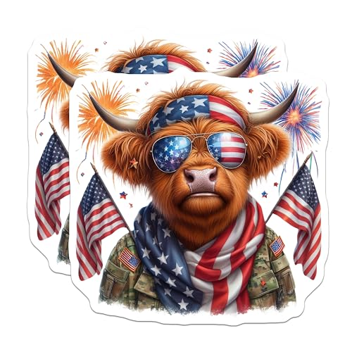 (2 Pack) Highland Cow American Flag Stickers - Patriotic Highland Cow Sticker - Fourth of July Animal Decal - 5" On Longest Side - Sticks to Smooth Flat Surfaces - Made in USA - BMCS6337