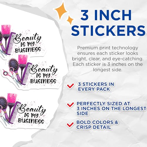 (3 Pack) Hair Stylist Decals - Beauty is My Business - Salon Decals - 3 Inches On Longest Side - Easy Peel & Apply - Made in USA - 3MCS6340