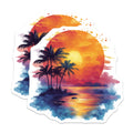 (2 Pack) Tropical Sunset Magnets - Watercolor Beach Scene - Palm Tree Island Decor - Summer Vacation Vibe - 5 Inches On Longest Side - Thick Durable Magnet - Made in USA - MAG29656