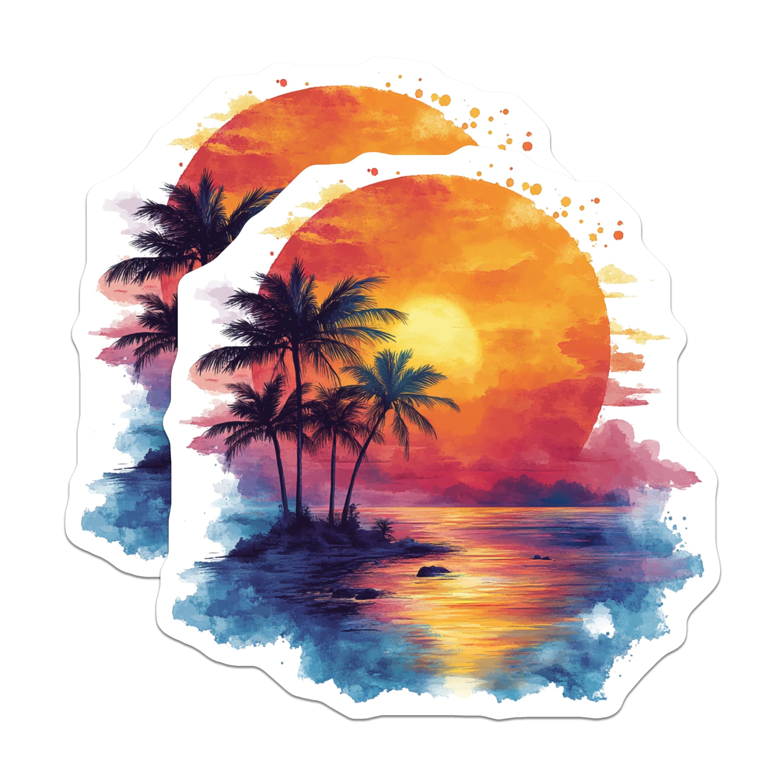 (2 Pack) Tropical Sunset Magnets - Watercolor Beach Scene - Palm Tree Island Decor - Summer Vacation Vibe - 5 Inches On Longest Side - Thick Durable Magnet - Made in USA - MAG29656