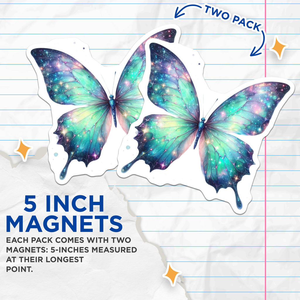 (2 Pack) Galaxy Butterfly Magnets - Celestial Decor - Whimsical Space Art - Aesthetic Fridge Locker Magnets - 5 Inches On Longest Side - Thick Durable Magnet - Made in USA - MAG38357
