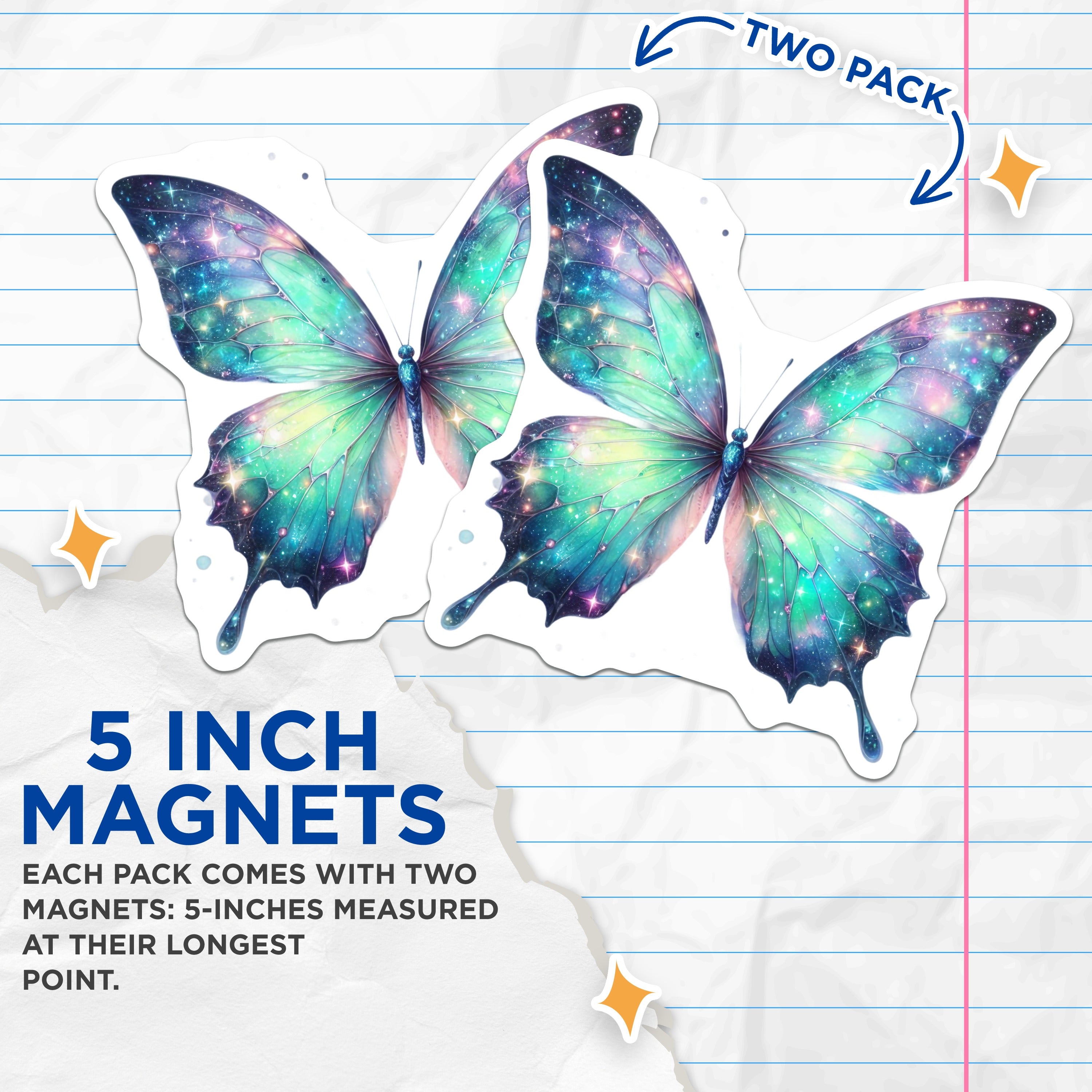 (2 Pack) Galaxy Butterfly Magnets - Celestial Decor - Whimsical Space Art - Aesthetic Fridge Locker Magnets - 5 Inches On Longest Side - Thick Durable Magnet - Made in USA - MAG38357