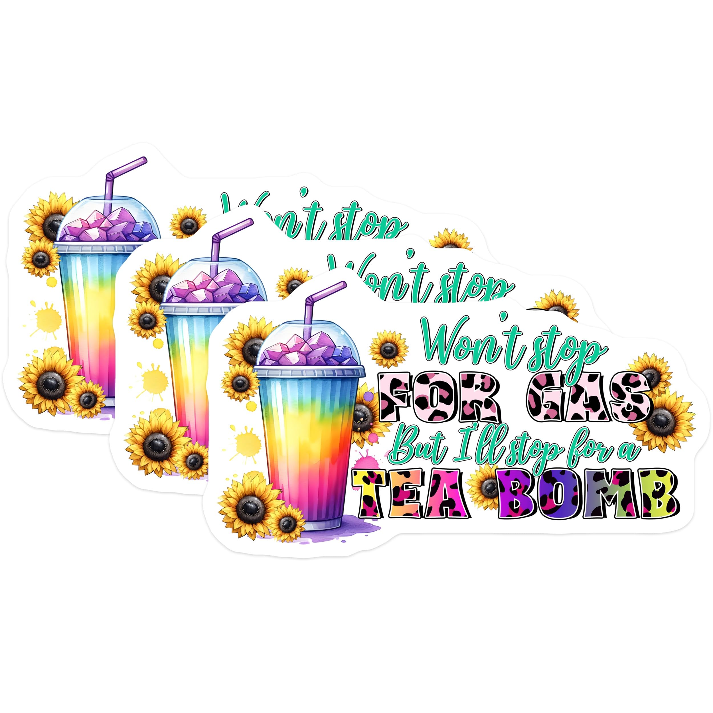 (3 Pack) Tea Bomb Decals - Funny Beverage Art - Sunflower Decal Stickers - 3 Inches On Longest Side - Easy Peel & Apply - Made in USA - 3MCS7071