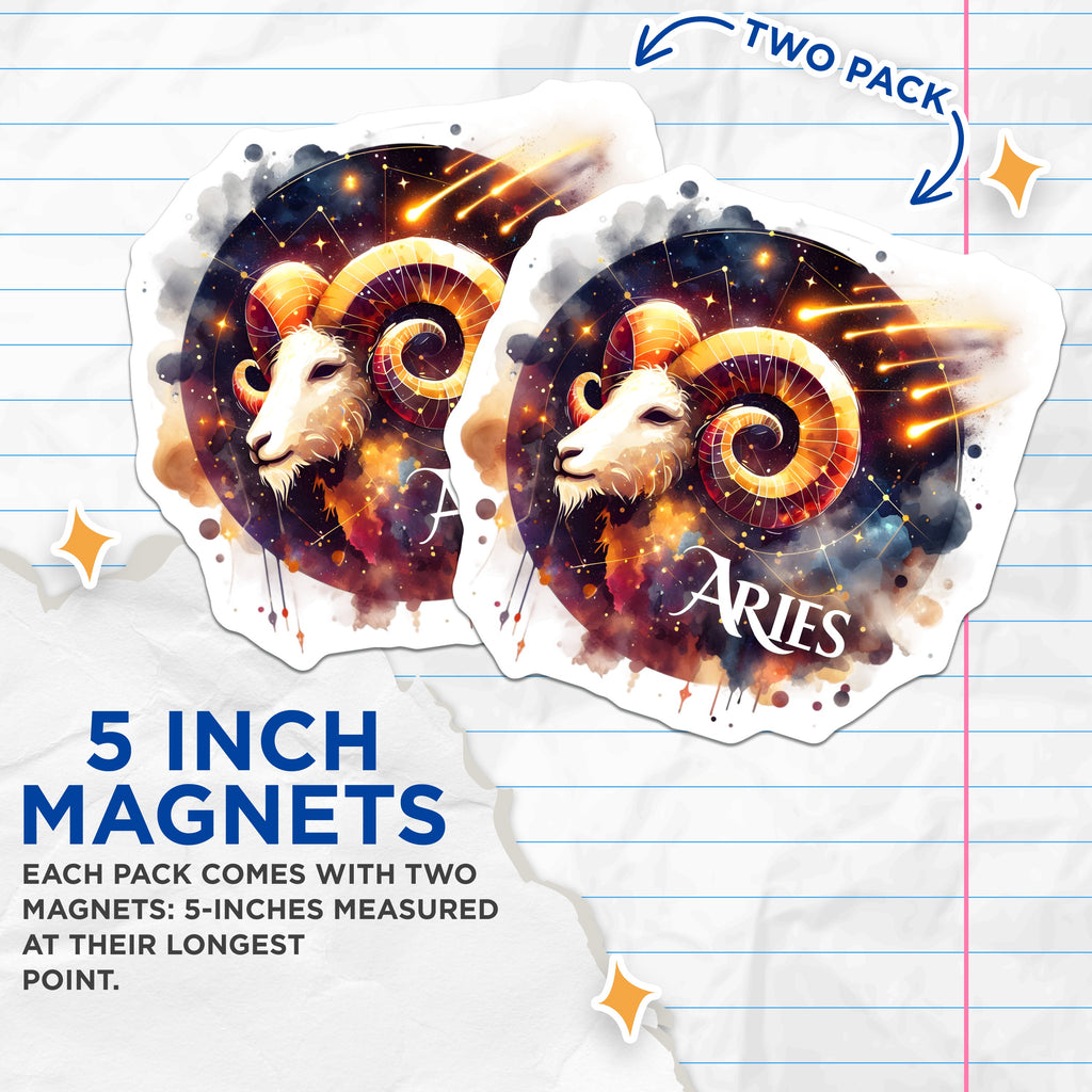 (2 Pack) Aries Zodiac Sign Magnets - Cosmic Astrology Decor - Celestial Ram Art for Horoscope Fans - 5 Inches On Longest Side - Thick Durable Magnet - Made in USA - MAG38823