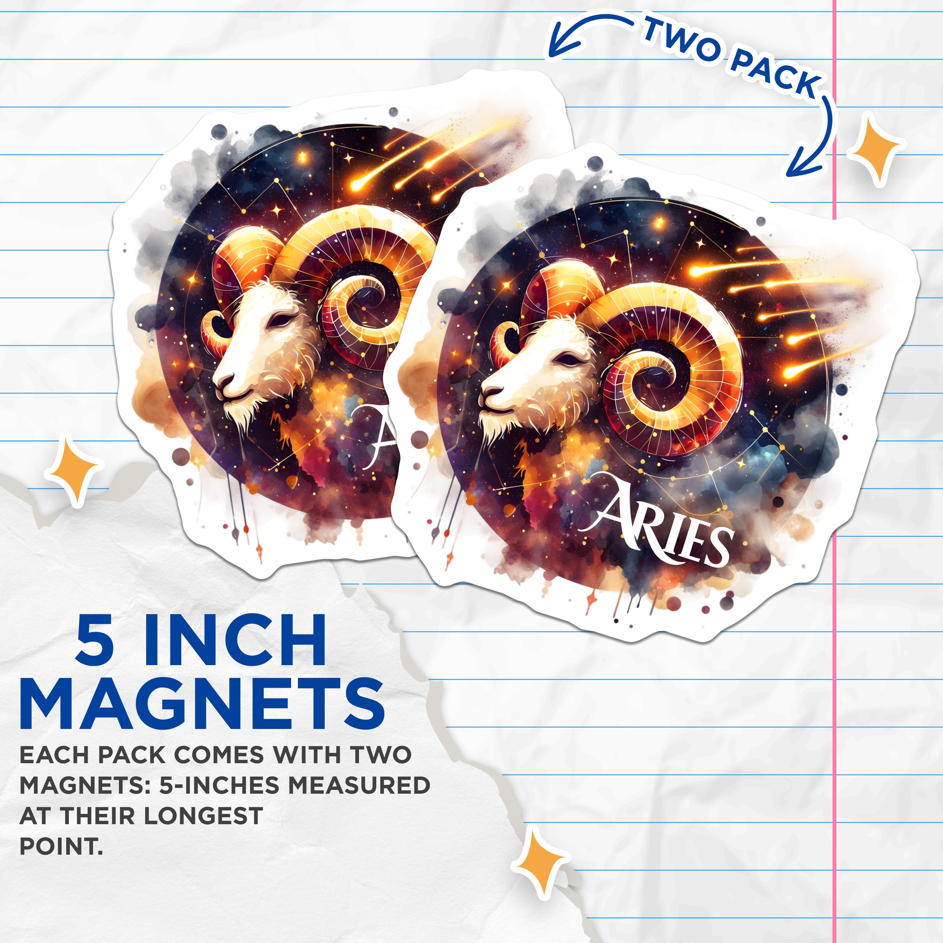 (2 Pack) Aries Zodiac Sign Magnets - Cosmic Astrology Decor - Celestial Ram Art for Horoscope Fans - 5 Inches On Longest Side - Thick Durable Magnet - Made in USA - MAG38823