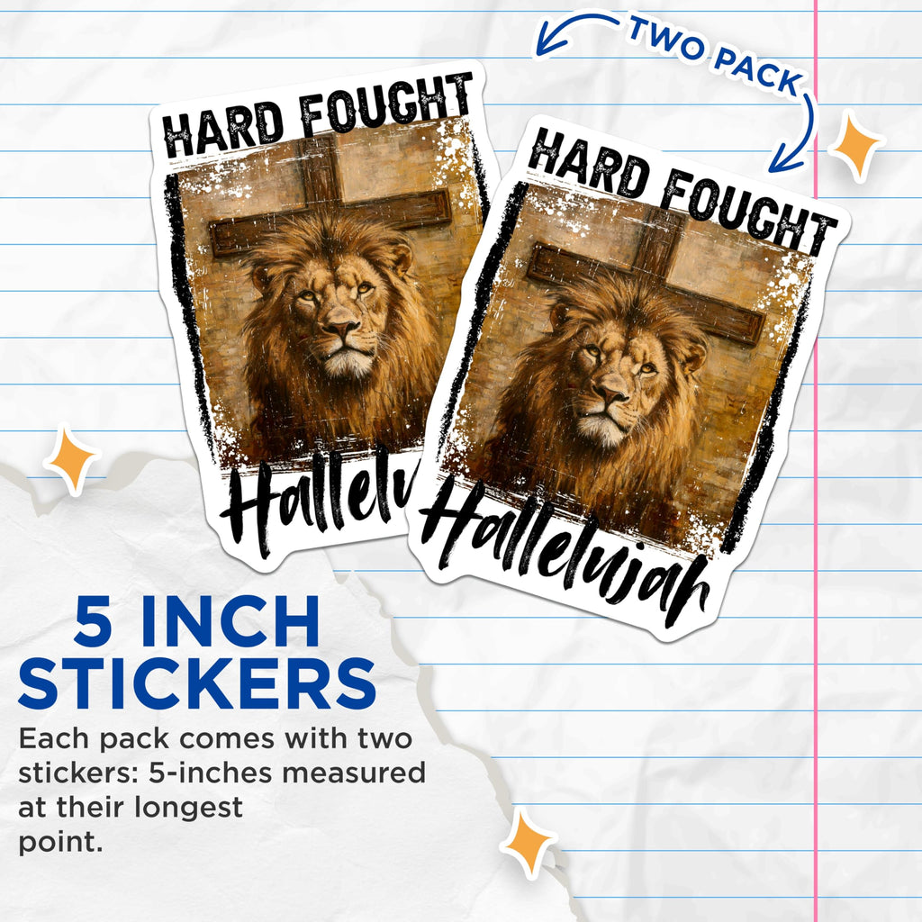 (2 Pack) Lion with Cross Stickers - Hard Fought Hallelujah - Inspirational Christian Art - Religious Lion Stickers - 5" On Longest Side - Sticks to Smooth Flat Surfaces - Made in USA - BMCS9958
