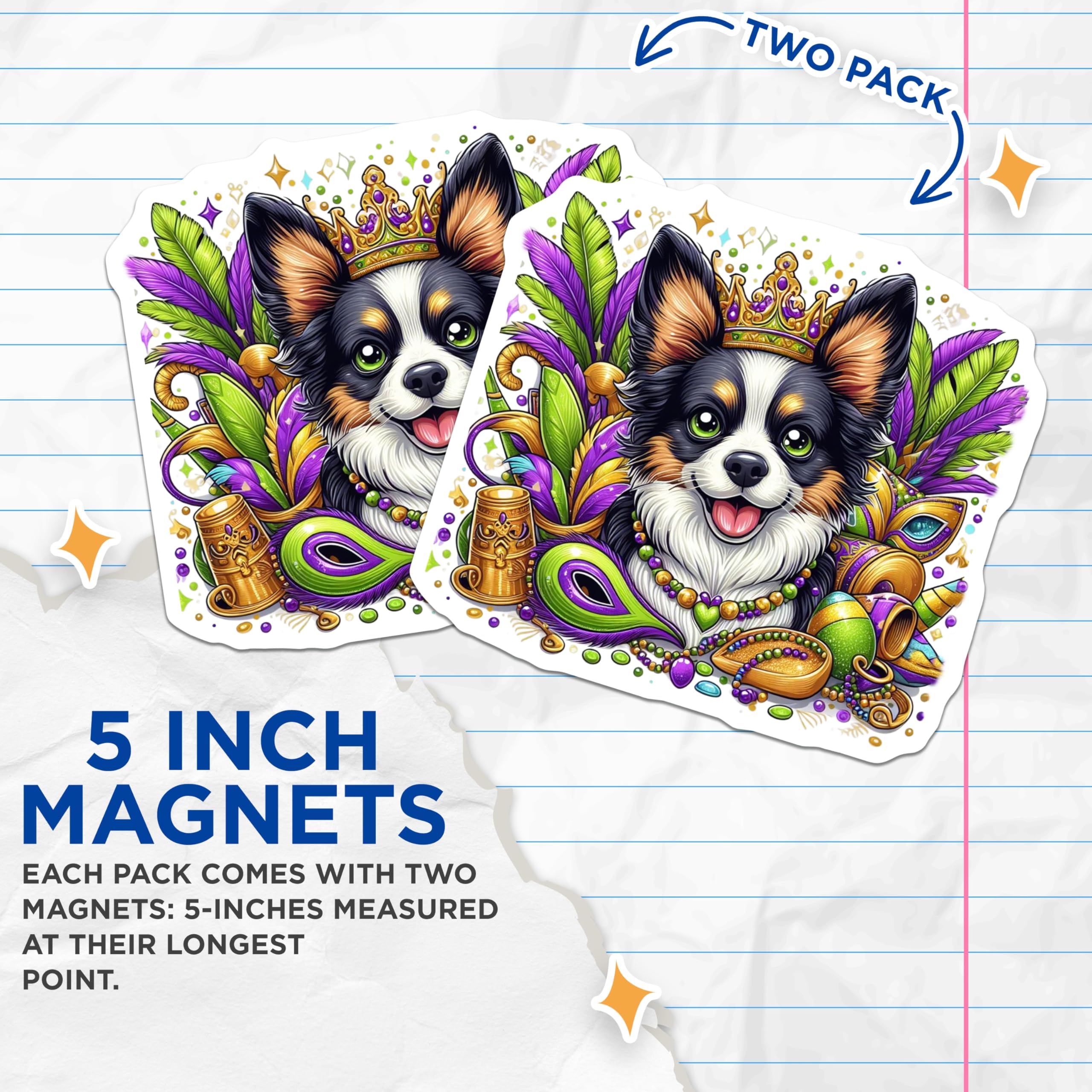 (2 Pack) Mardi Gras Dog Magnets - Chihuahua Crown Carnival - Fridge Decor - 5" On Longest Side - Premium Magnet - for Cars, Refrigerators, Toolboxes, Lockers - Made in USA - MAG14881