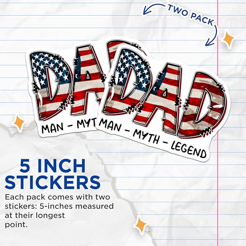 (2 Pack) Dad Fixer of All Things Stickers - American Flag Design - Patriotic Decal - Man Myth Legend - 5" On Longest Side - Sticks to Smooth Flat Surfaces - Made in USA - BMCS7496