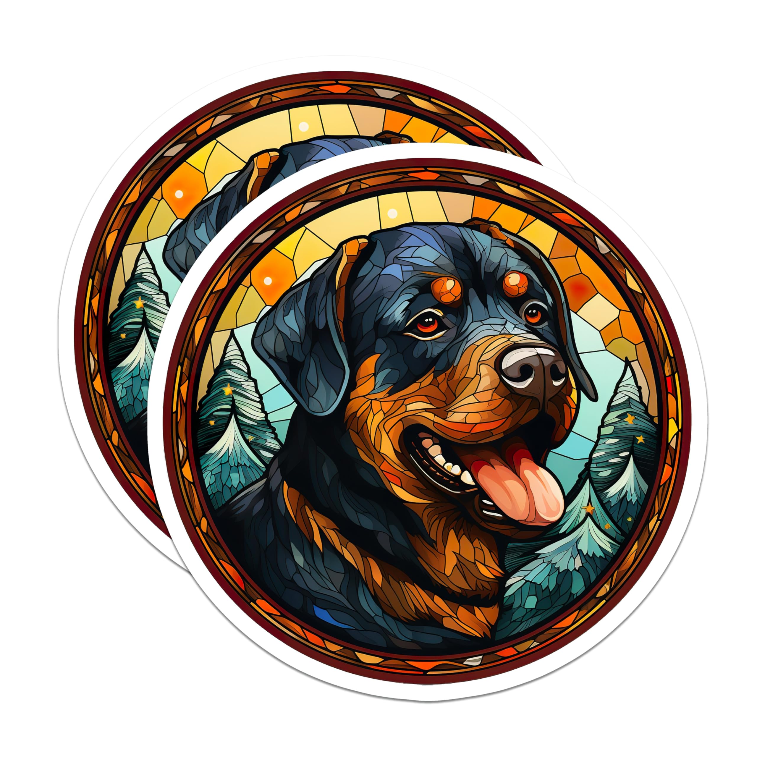 (2 Pack) Rottweiler Magnets - Stained Glass Dog Art - Winter Forest Canine Decor - Dog Breed Pet Lover Fridge Decoration - 5 Inches On Longest Side - Thick Durable Magnet - Made in USA - MAG23574