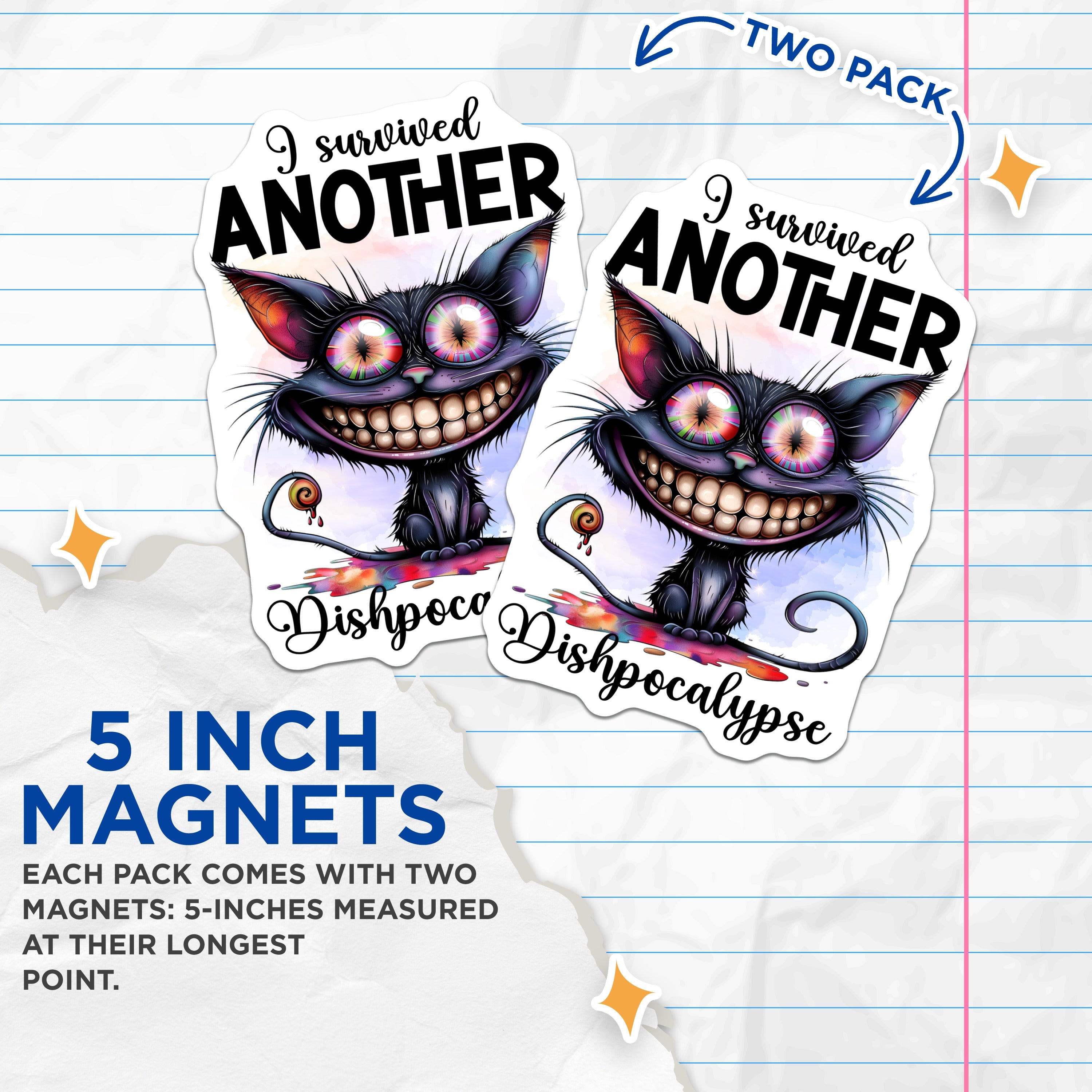 (2 Pack) Dishpocalypse Cat Magnets - Funny Kitchen Decor - Sarcastic Pet Lover Art - Quirky Refrigerator Accent - 5 Inches On Longest Side - Thick Durable Magnet - Made in USA - MAG39202