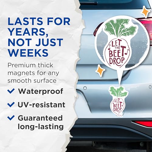 (2 Pack) Let The Beet Drop Magnets - Funny Vegetable Pun - Kitchen Decor - 5" On Longest Side - Premium Magnet - for Cars, Refrigerators, Toolboxes, Lockers - Made in USA - MAG18565