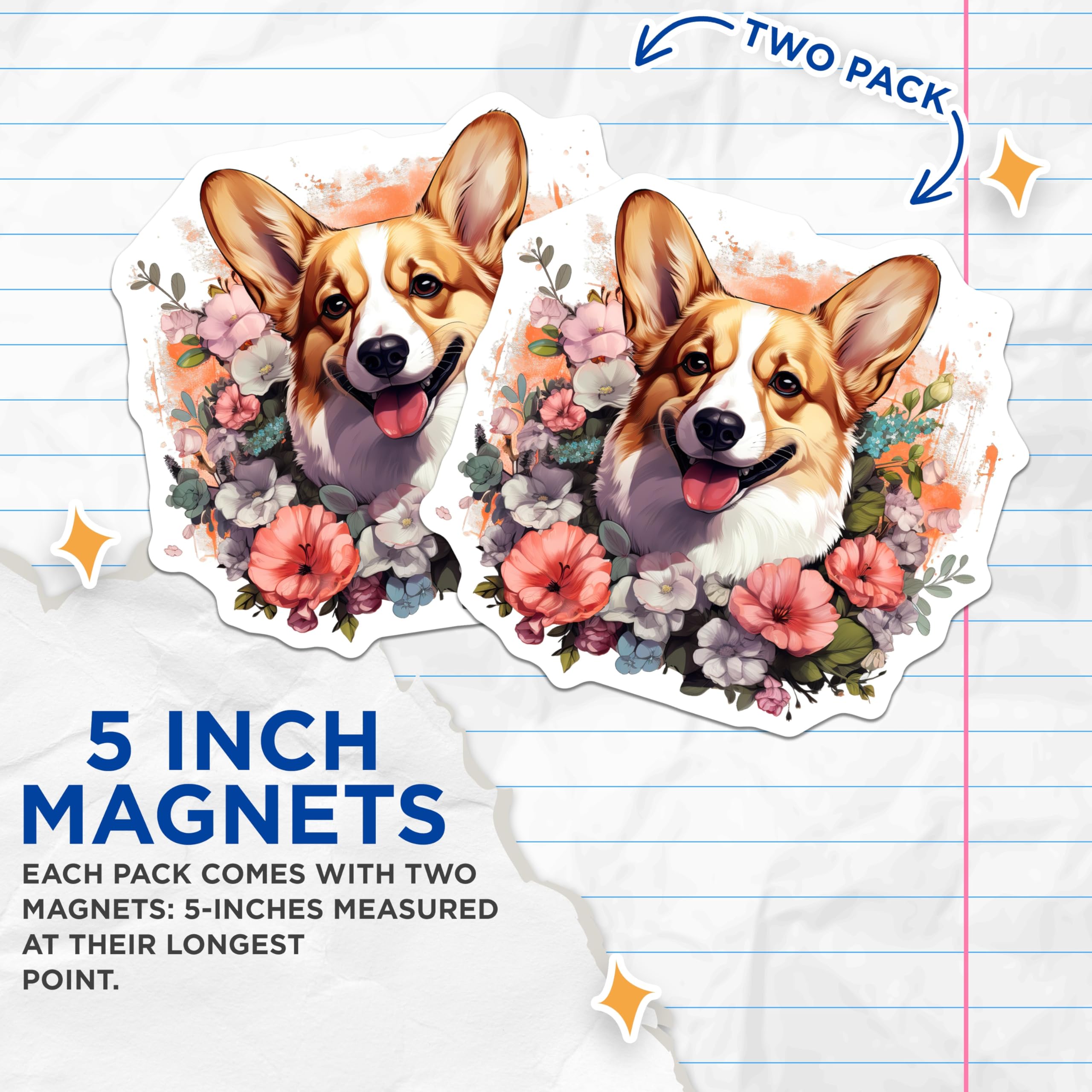 (2 Pack) Corgi Dog Magnets - Cute Floral Corgi - Pet Lover Decor - 5 Inches On Longest Side - Thick Durable Magnet - Made in USA - MAG26506