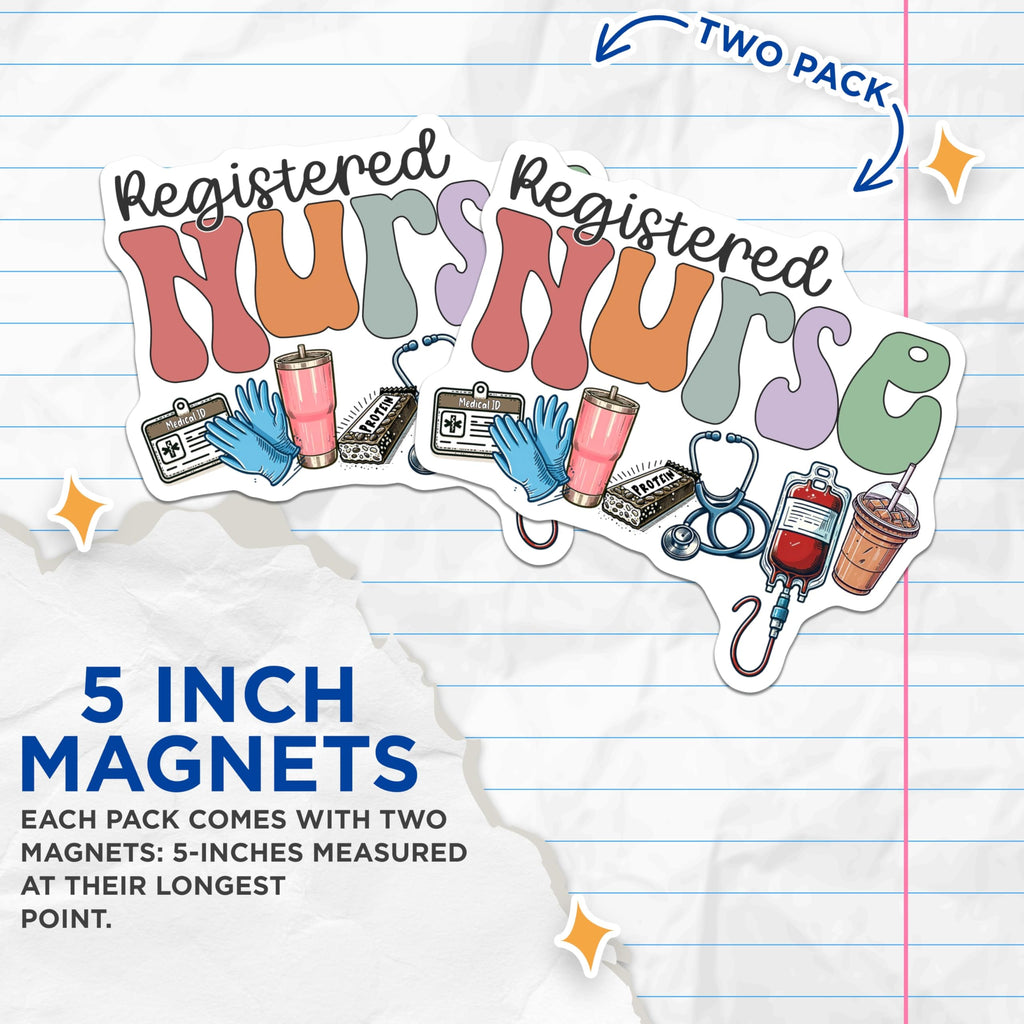 (2 Pack) Registered Nurse Magnets - Groovy Nurse Life Essentials Stethoscope Coffee - Healthcare Professional Appreciation - 5 Inches On Longest Side - Thick Durable Magnet - Made in USA - MAG22261