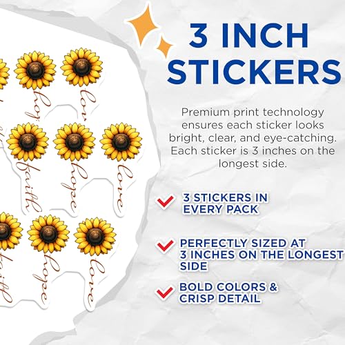 (3 Pack) Sunflower Decals - Faith Hope Love - Laptop Stickers - 3 Inches On Longest Side - Easy Peel & Apply - Made in USA - 3MCS6750
