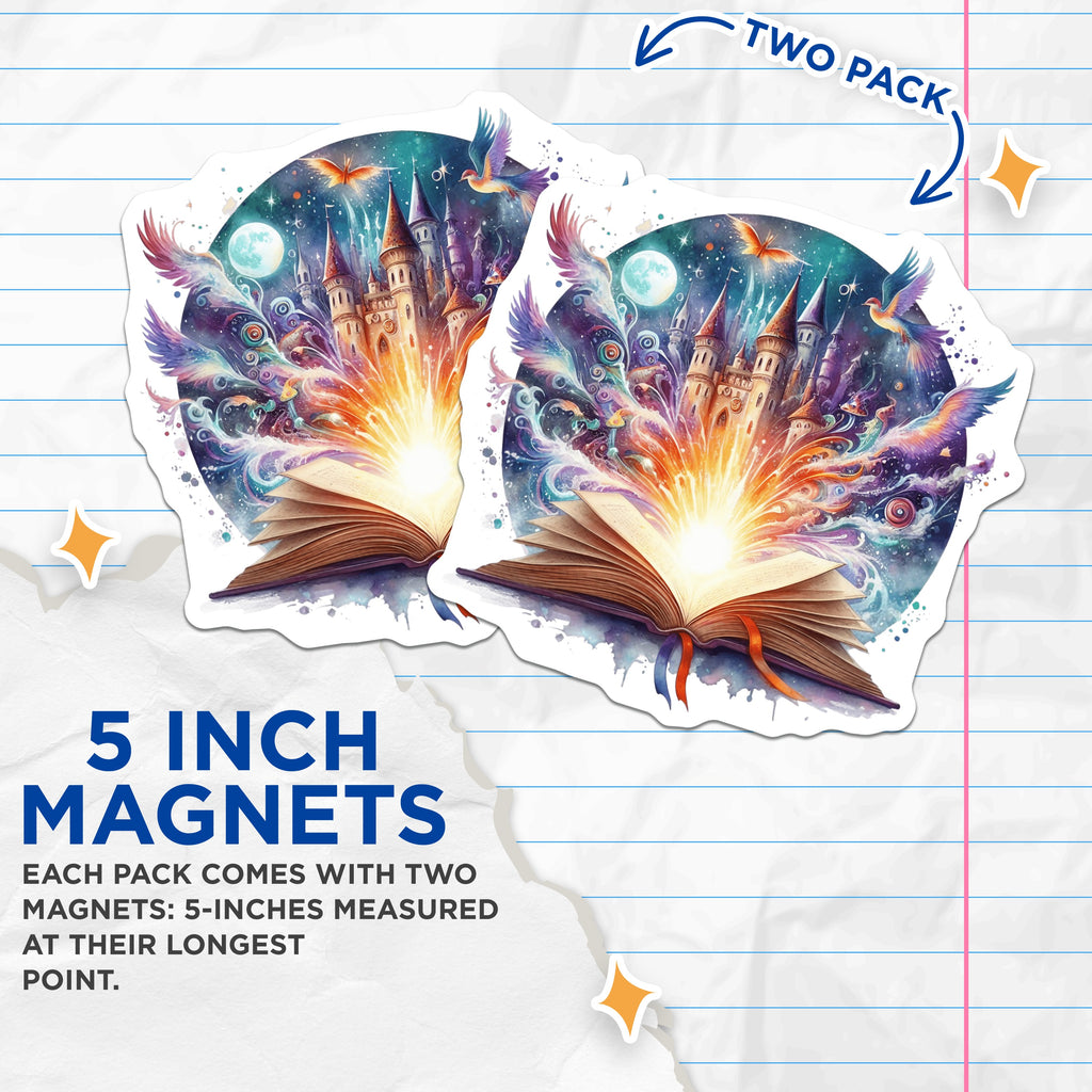 (2 Pack) Magical Book Magnets - Fantasy Castle Decor - Whimsical Reader Art - Cosmic Storybook Design - 5 Inches On Longest Side - Thick Durable Magnet - Made in USA - MAG38510