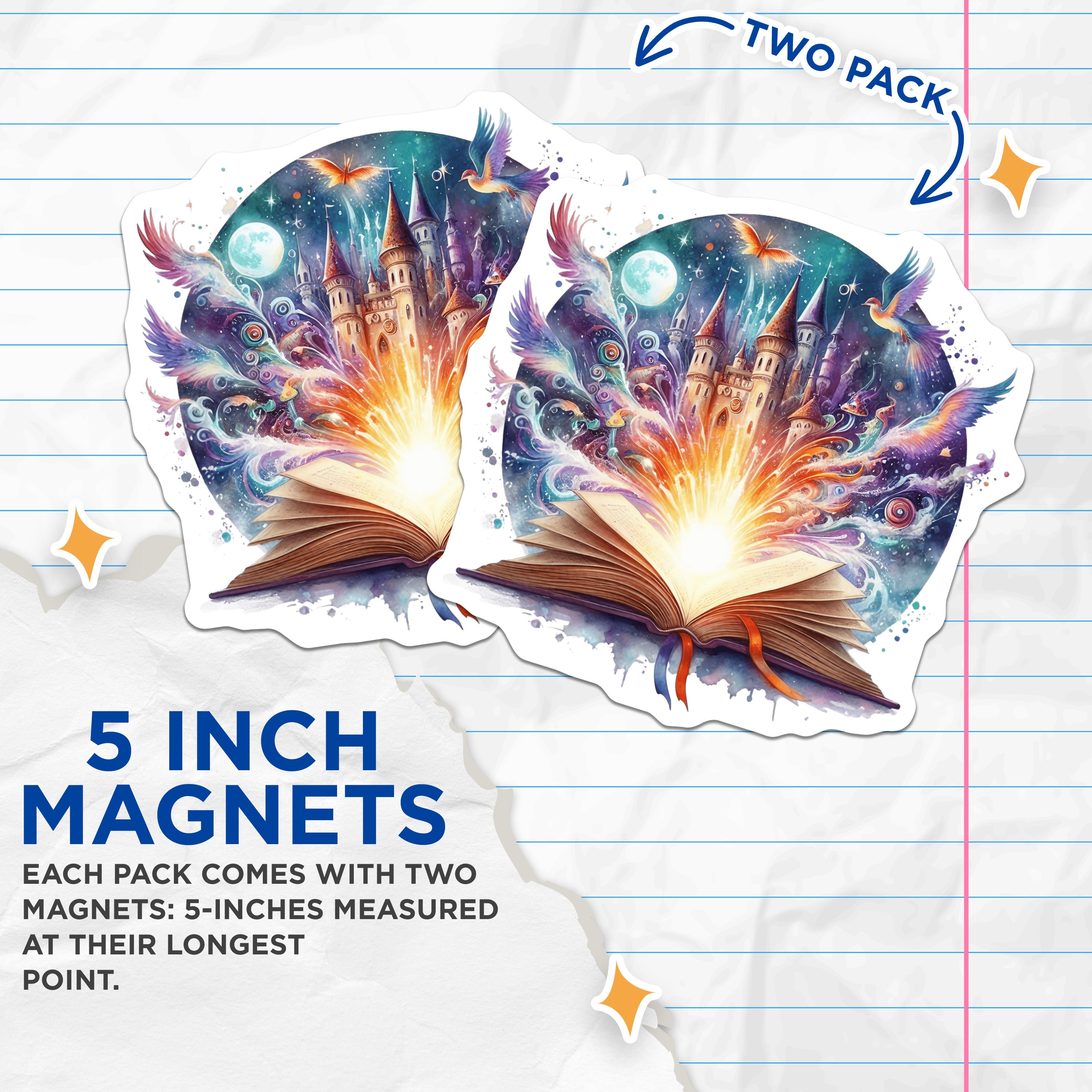 (2 Pack) Magical Book Magnets - Fantasy Castle Decor - Whimsical Reader Art - Cosmic Storybook Design - 5 Inches On Longest Side - Thick Durable Magnet - Made in USA - MAG38510