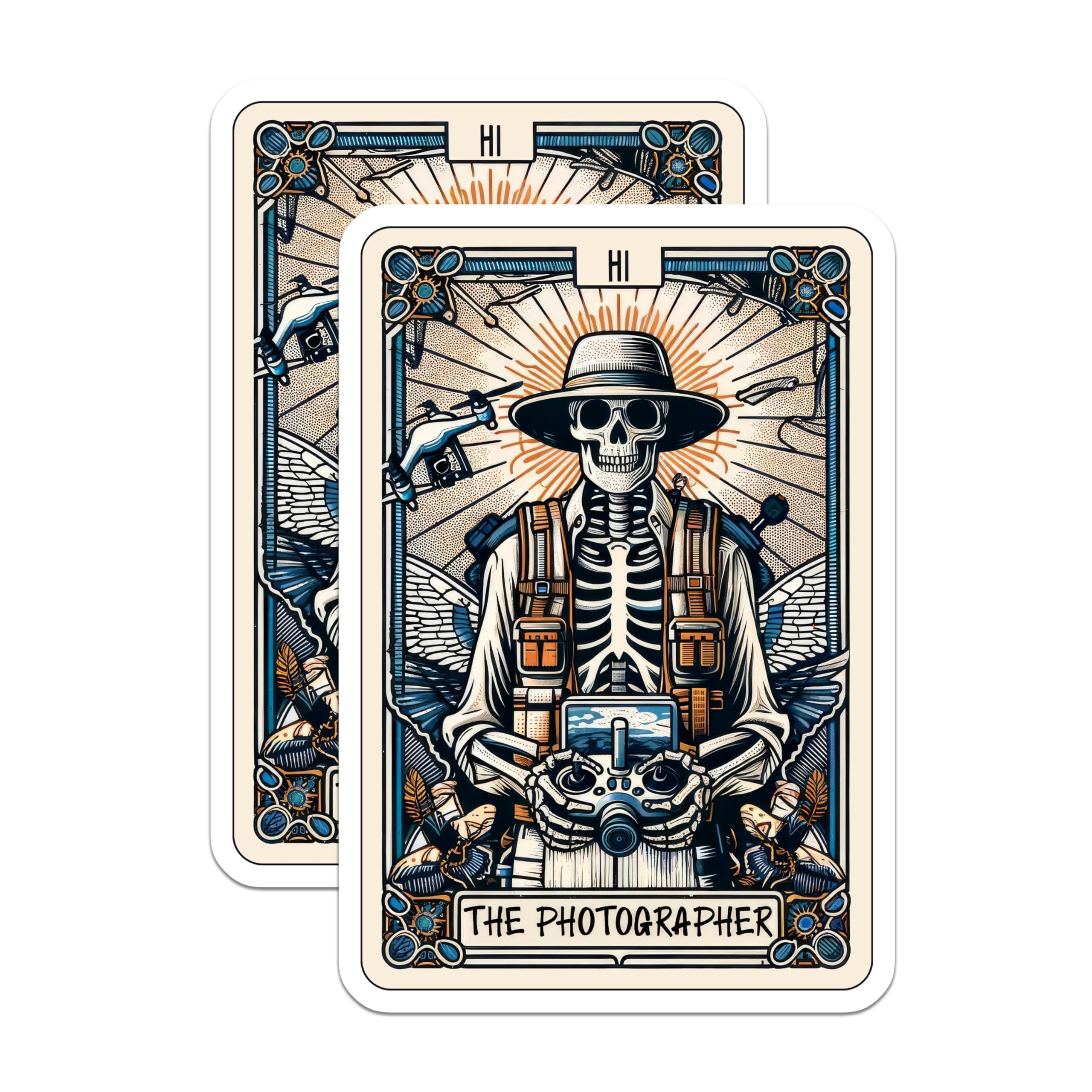 (2 Pack) Skeleton Photographer Magnets - Drone Pilot Illustration - Gothic Tarot Card Artwork - Camera Enthusiast Decor - 5 Inches On Longest Side - Thick Durable Magnet - Made in USA - MAG23006