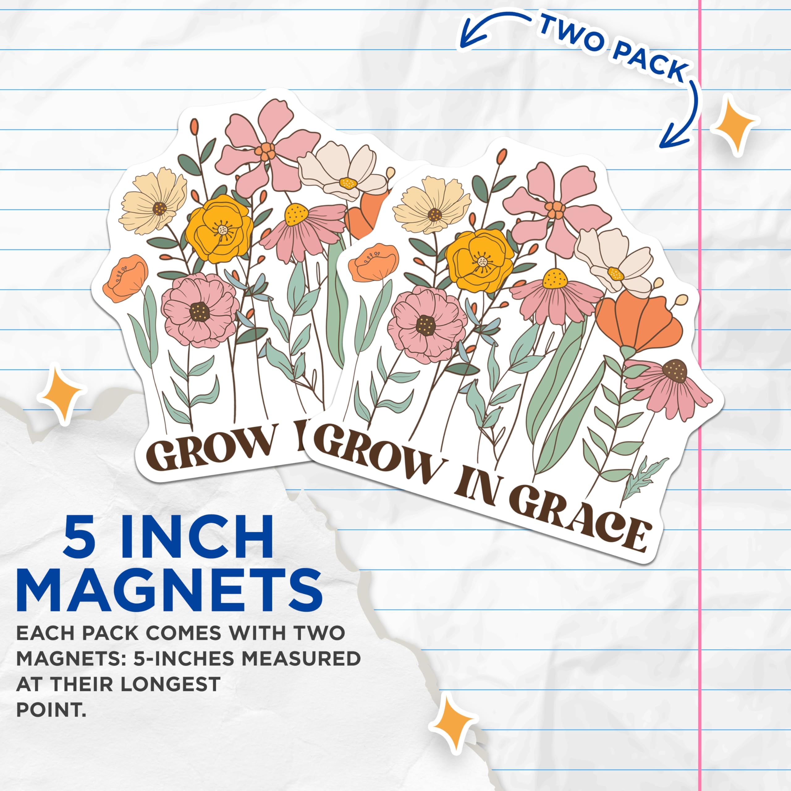(2 Pack) Grow in Grace Magnets - Floral Fridge Decor - Inspirational Home Accents - 5" On Longest Side - Premium Magnet - for Cars, Refrigerators, Toolboxes, Lockers - Made in USA - MAG18819